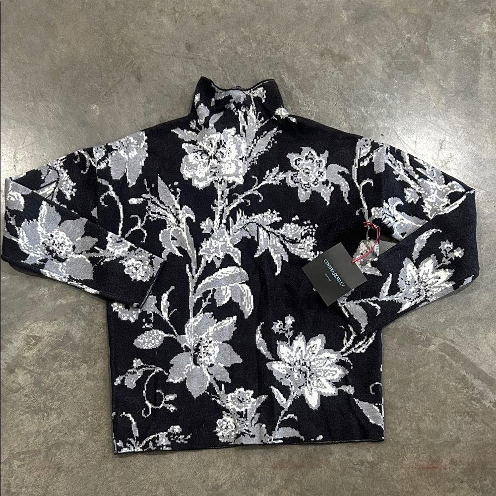 Floral Black and White Turtleneck Sweater
